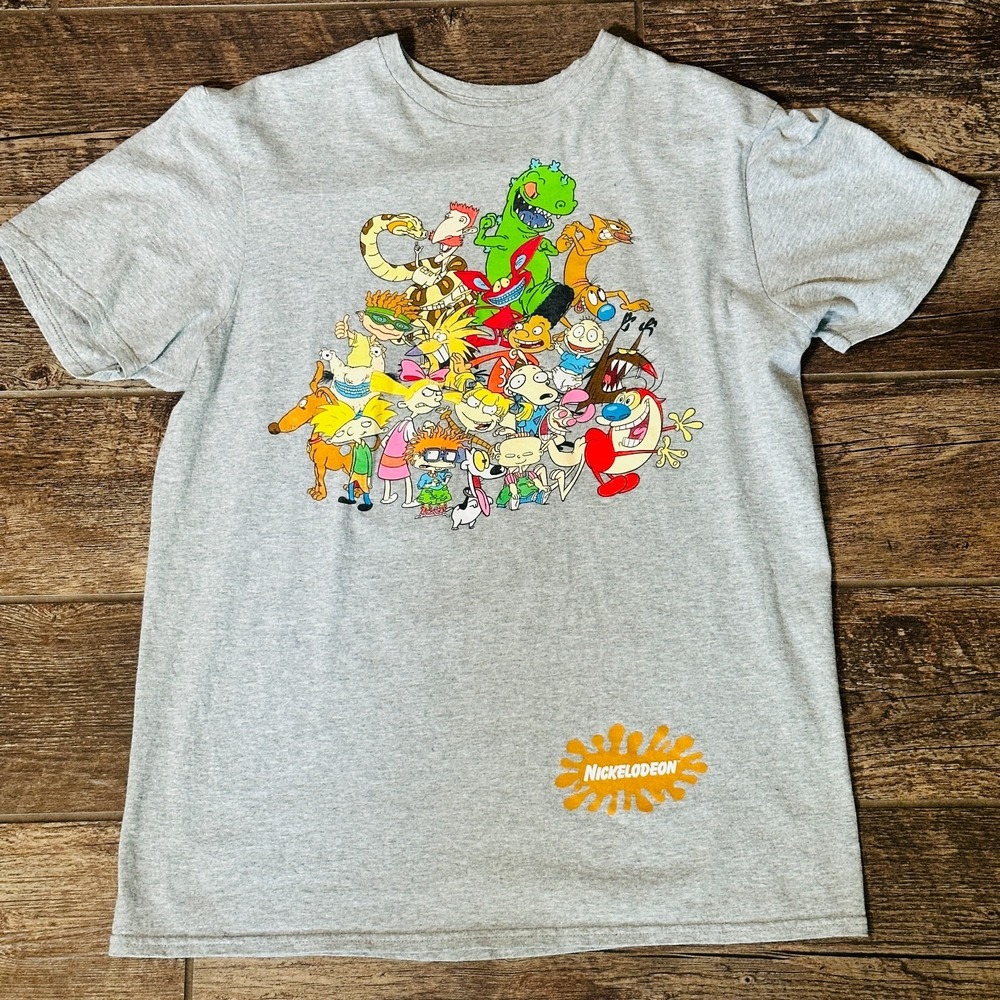 Nickelodeon - Gray Cotton Graphic T-Shirt Size M - Stimpy Rugrats Catdog Rocket